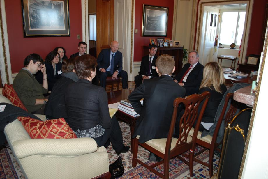 Durbin met with a delegation of Belarusians to discuss violent confrontations in their capital, Minsk, during which opposition presidential candidates and peaceful protesters were arrested, beaten and jailed. Durbin visited Belarus in January, where he met with opposition leaders, human rights activists and families of jailed activists and candidates.